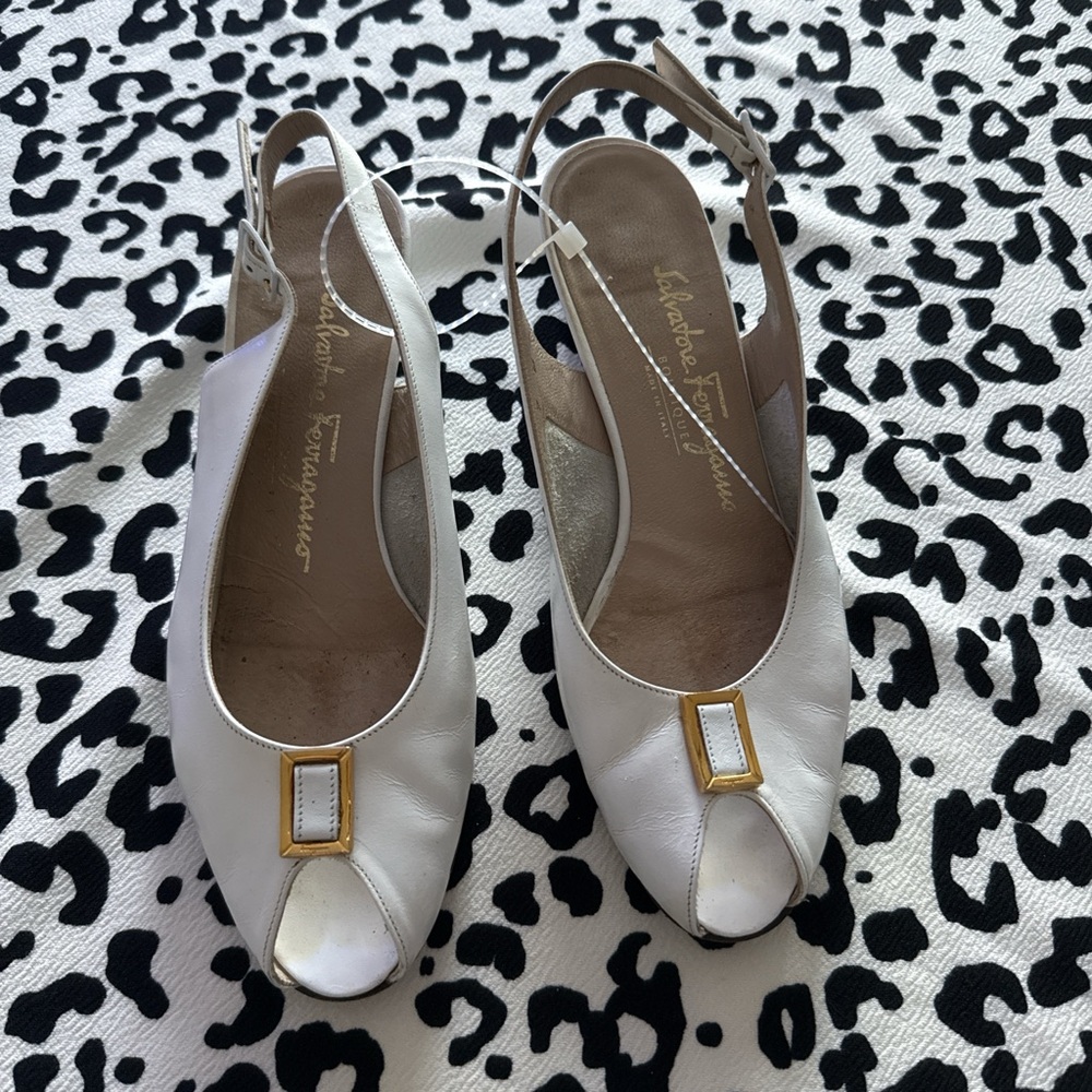 Salvatore Ferragamo White Peep Toe Slingbacks with Gold Accent